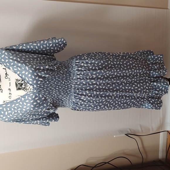 NWT - Plus Size Women's V Neck Short Sleeve Print Blue and White Smocked Dress - Picture 5 of 8